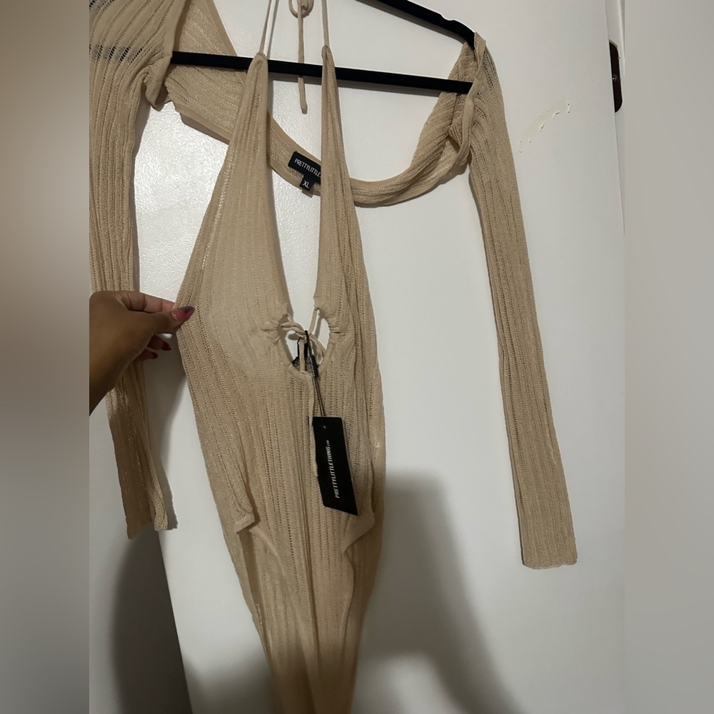 NWT PrettyLittleThing Tan Ribbed Bodysuit & Bolero Set
